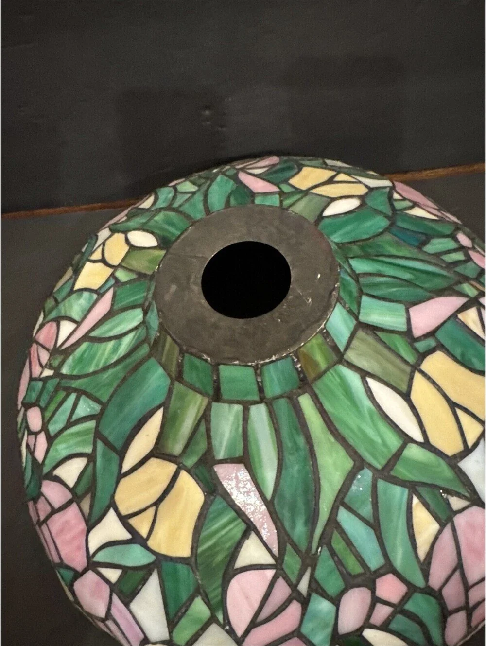 Tiffany Style Stained Glass Lamp 15” Shade Pink Yellow Green Floral Art Nouveau